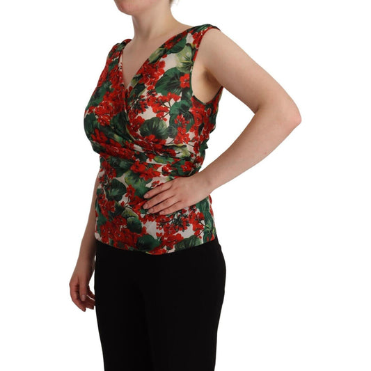 Elegant V-Neck Geranium Print Silk Tank Top