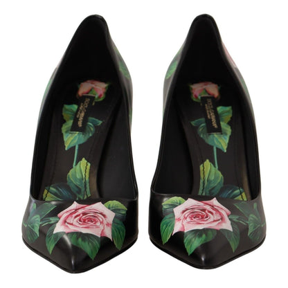 Dolce & Gabbana Black Leather Roses High Heels Pumps Shoes Dolce & Gabbana