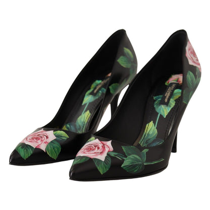 Dolce & Gabbana Black Leather Roses High Heels Pumps Shoes Dolce & Gabbana