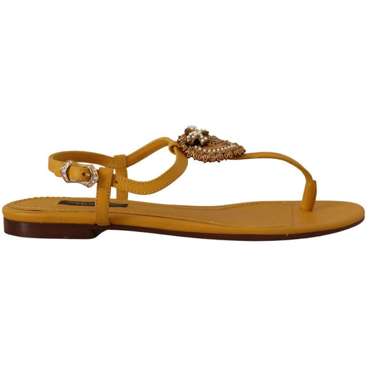 Mustard T-Strap Flat Sandals with Heart Embellishment