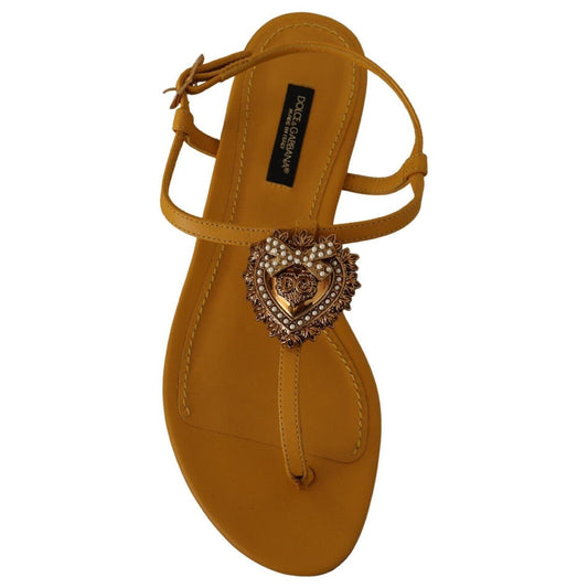 Mustard T-Strap Flat Sandals with Heart Embellishment