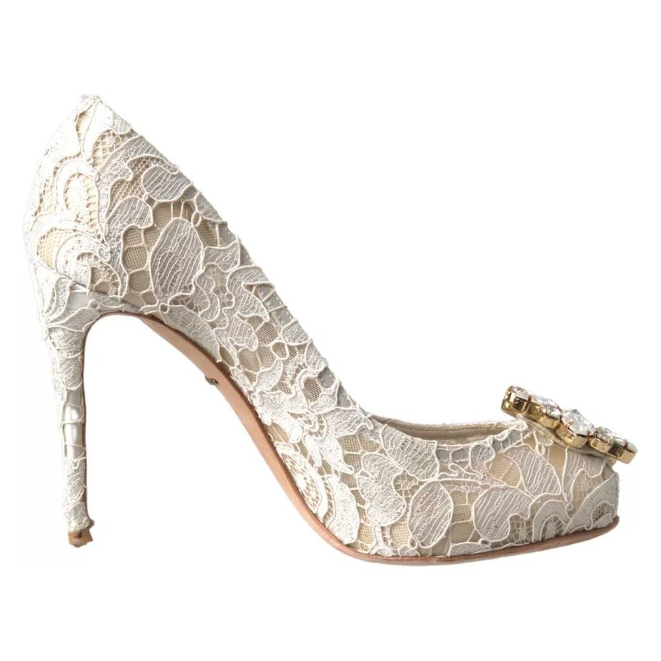 White Taormina Lace Crystal Heels Pumps Shoes