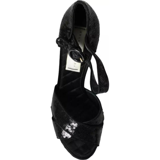 Black Sequin Ankle Strap Heels Sandals Shoes