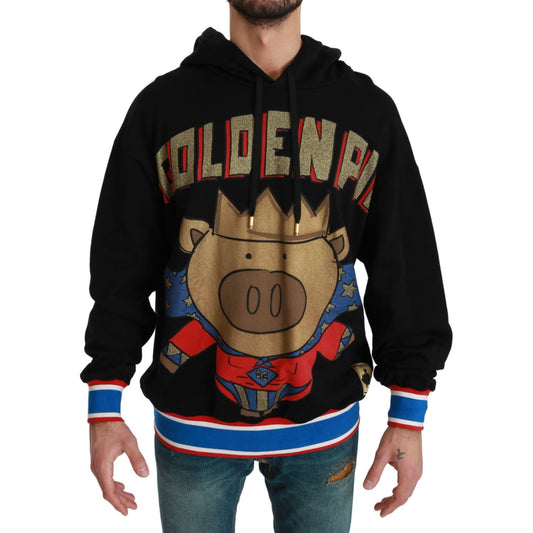 Dolce & Gabbana Elegant Hooded Pullover With Regal Motif black-sweater-pig-of-the-year-hooded