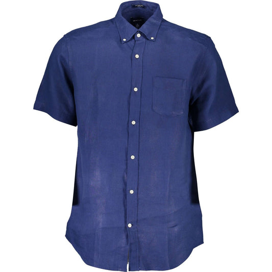 Elegant Blue Linen Button-Down Shirt