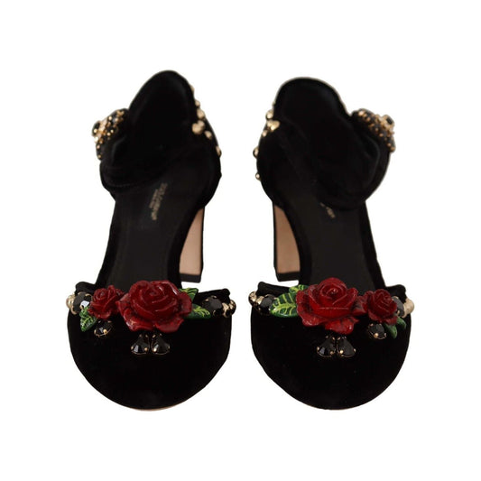 Black Crystal Rose Heel Sandals