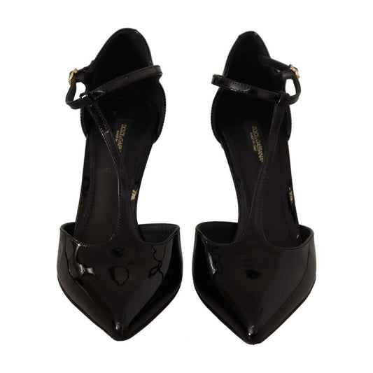 Elegant Black Leather T-Strap Heels Sandals Dolce & Gabbana