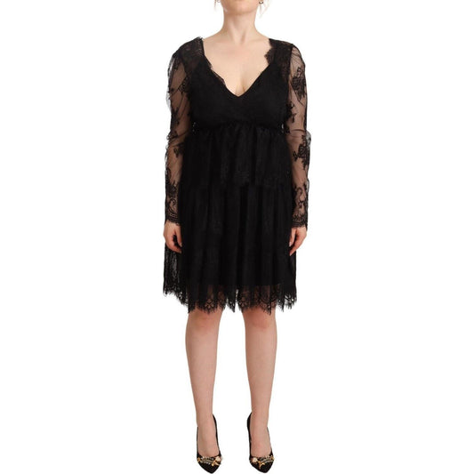 Aniye By Black Floral Lace Cotton Long Sleeves V-neck Shift Dress Aniye By