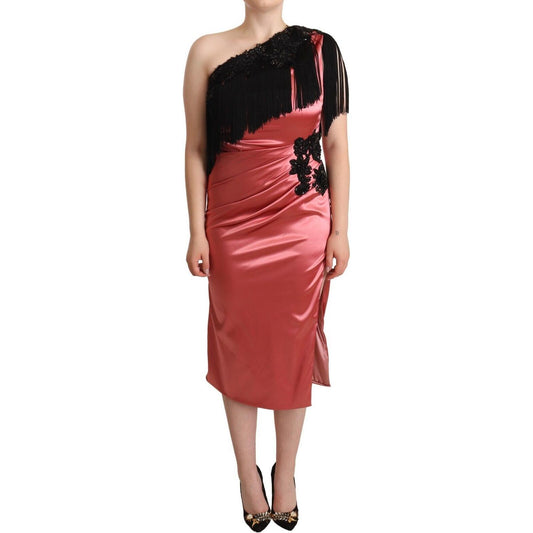 Elegant Pink Maxi Dress with Black Tassel Accent Dolce & Gabbana