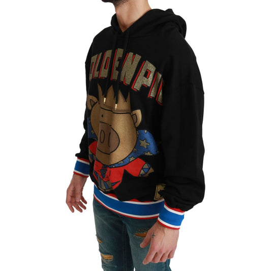 Dolce & Gabbana Elegant Hooded Pullover With Regal Motif black-sweater-pig-of-the-year-hooded