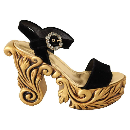 Baroque Velvet Heels in Black and Gold