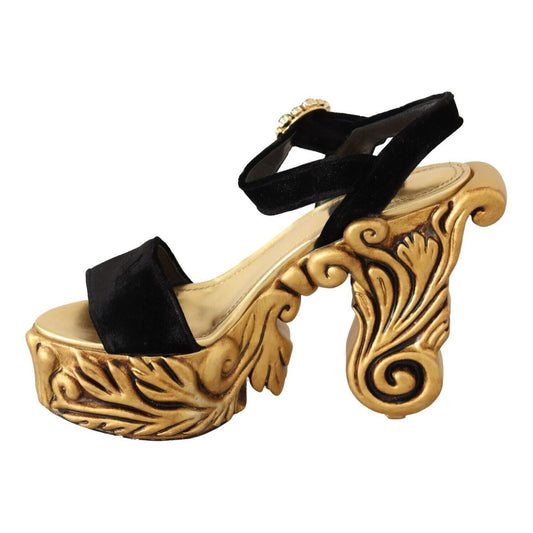 Baroque Velvet Heels in Black and Gold