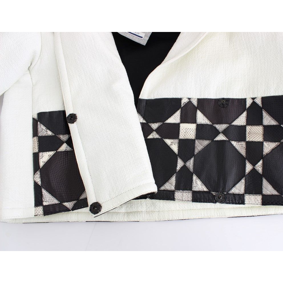 Andrea Pompilio Exclusive Black & White Leather Jacket Coats & Jackets white-black-cropped-leather-jacket