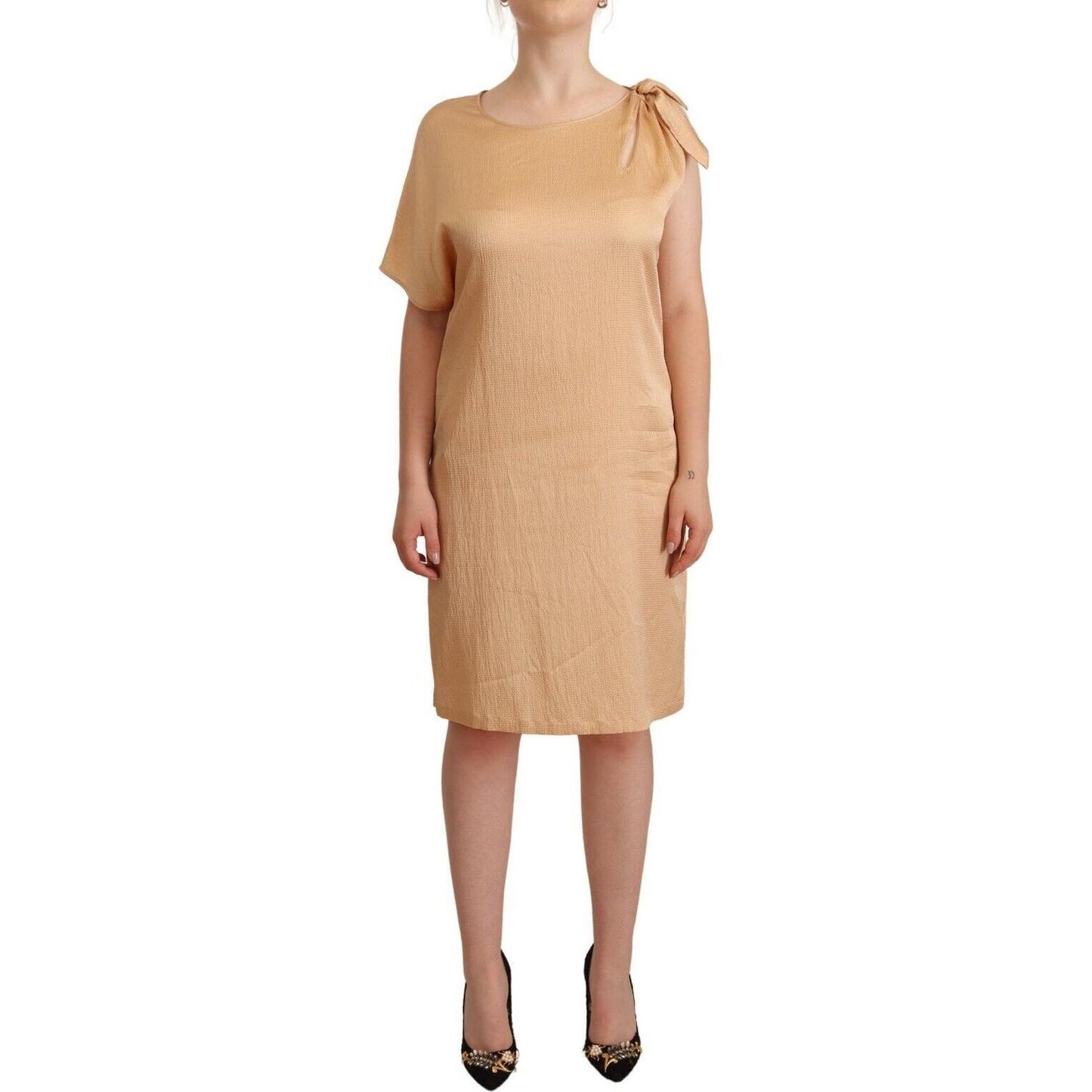 Elegant One-Sleeve Beige Shift Dress