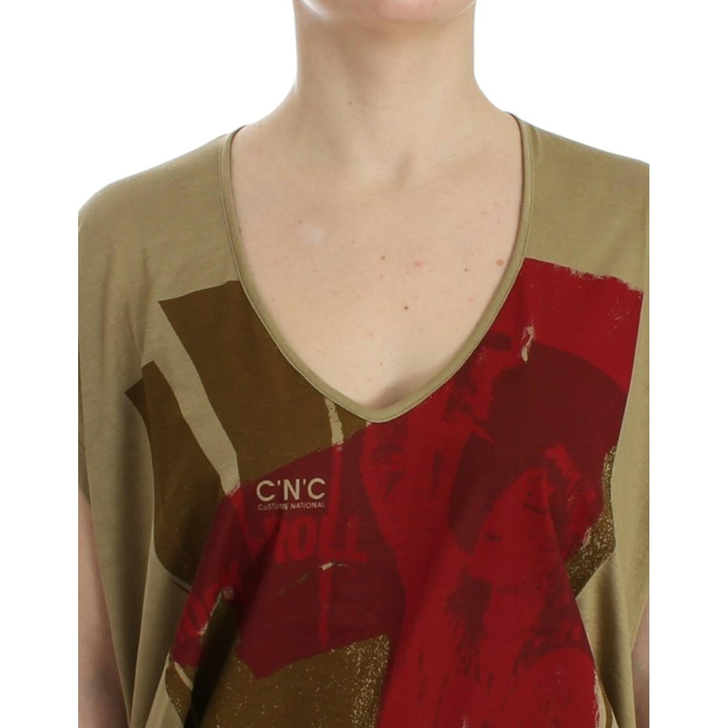 Costume National | Chic Green Multicolor Print V-Neck Tee| McRichard Designer Brands   