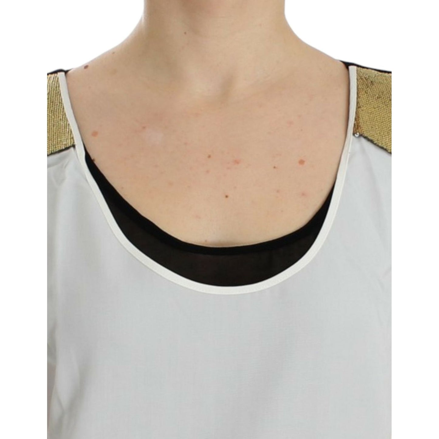Costume National Elegant Monochrome Sleeveless Top with Gold Accents white-sleeveless-top