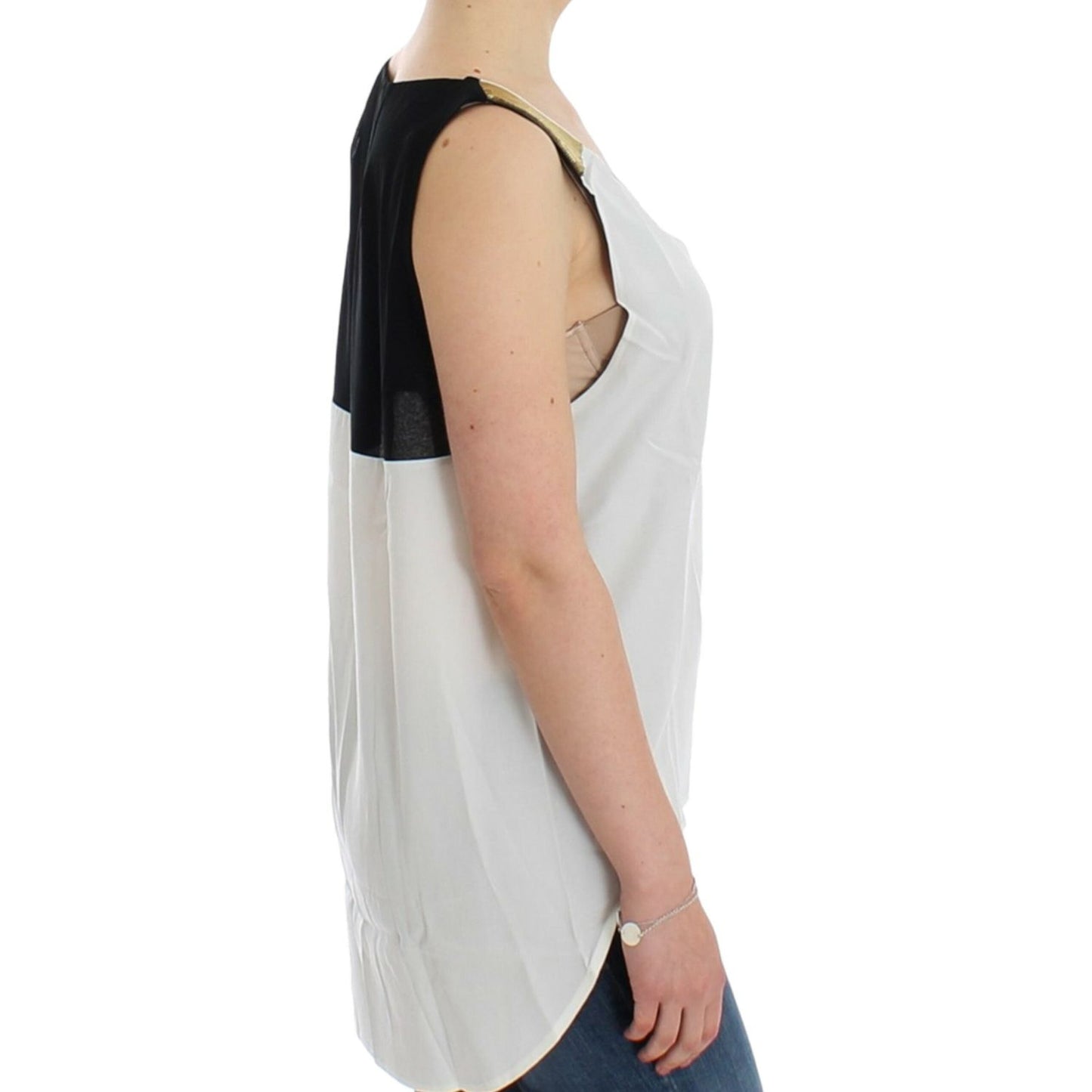 Costume National Elegant Monochrome Sleeveless Top with Gold Accents white-sleeveless-top