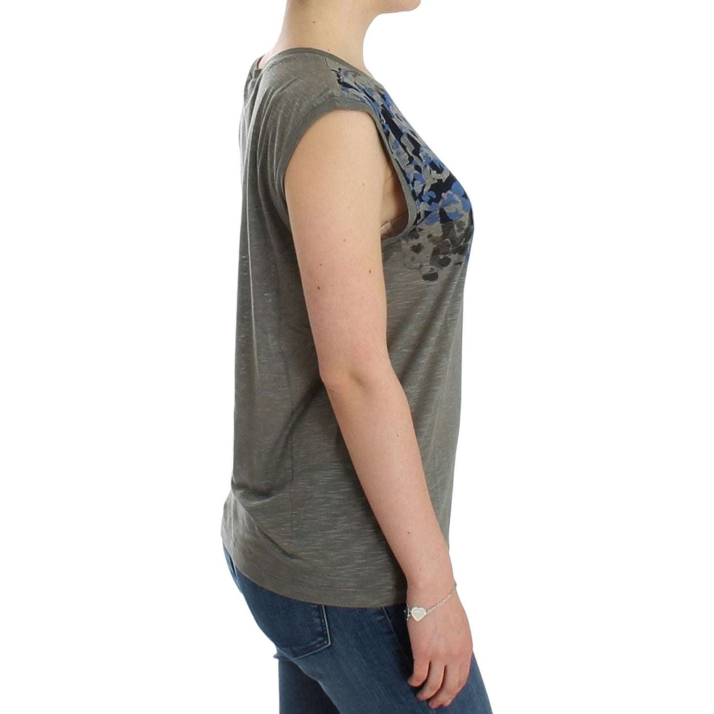Costume National Chic Sleeveless Gray Top with Blue Detailing gray-print-sleeveless-t-shirt