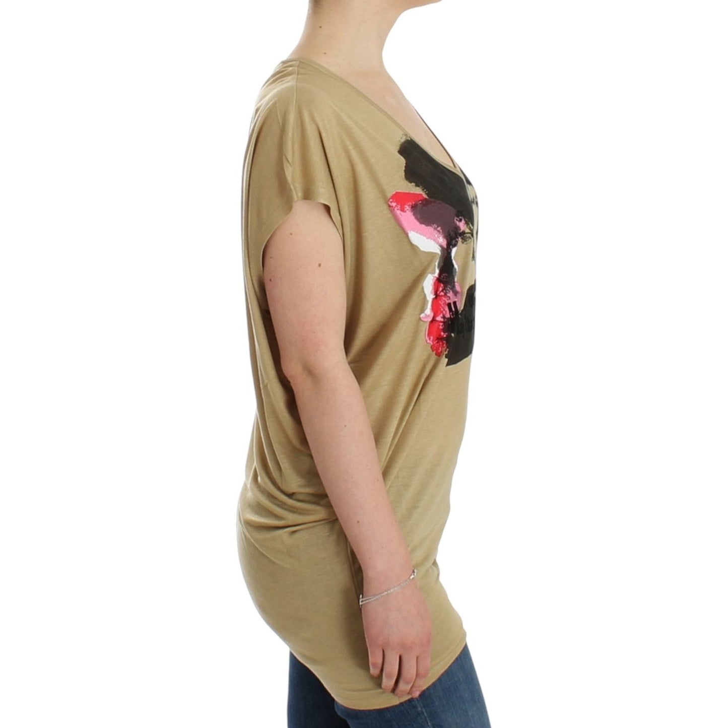 Costume National Chic V-Neck Tunic Top with Motive Print beige-motive-print-t-shirt