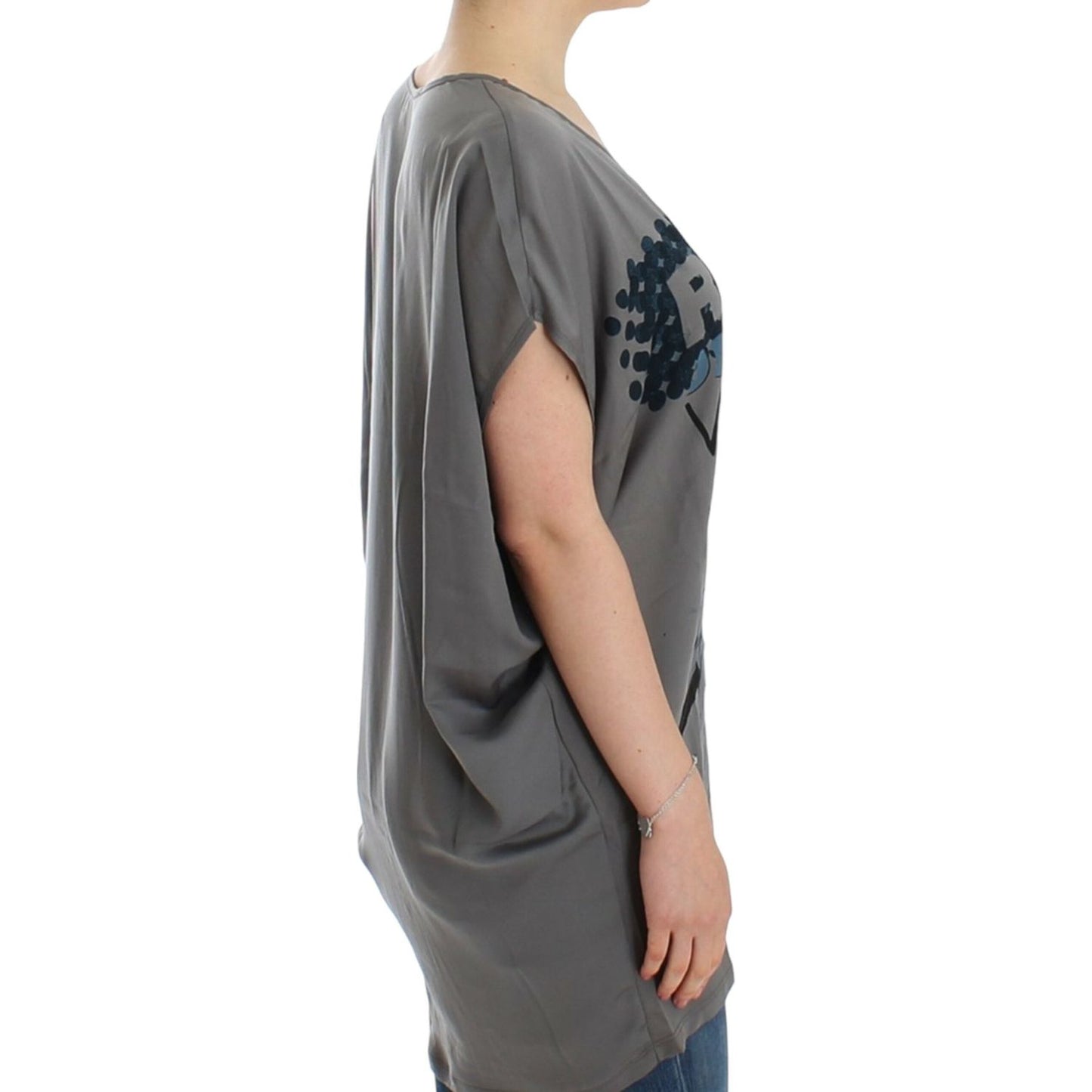 Costume National Elegant V-Neck Tunic with Motive Print gray-v-neck-long-t-shirt