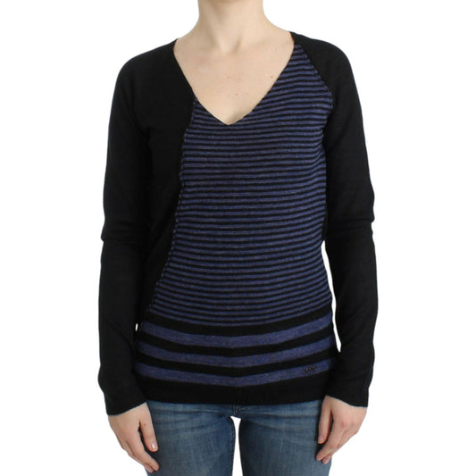 Costume National Chic Striped V-Neck Wool Blend Sweater black-striped-v-neck-sweater-1