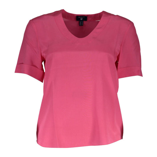 Gant Silk V-Neck Tee in Pink with Logo Accents Gant