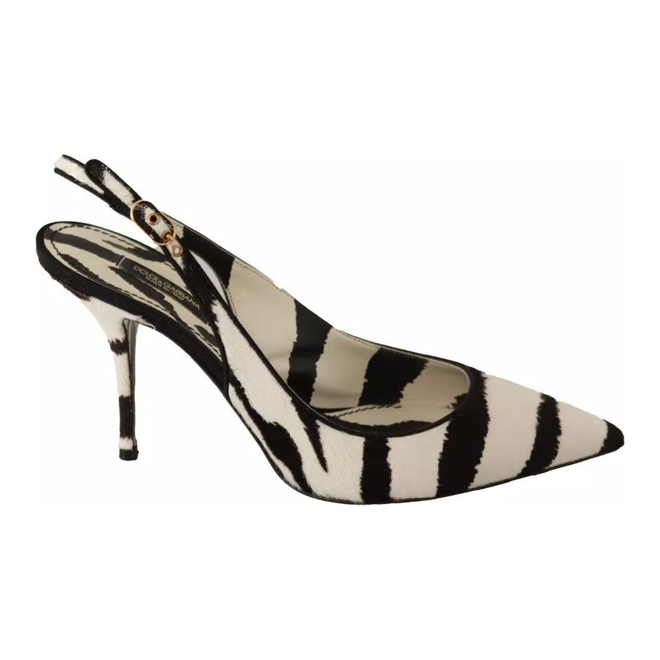 Black White Zebra Leather Heels Slingback Shoes