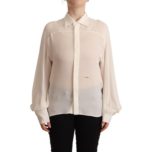 Elegant Off White Silk Long Sleeve Blouse