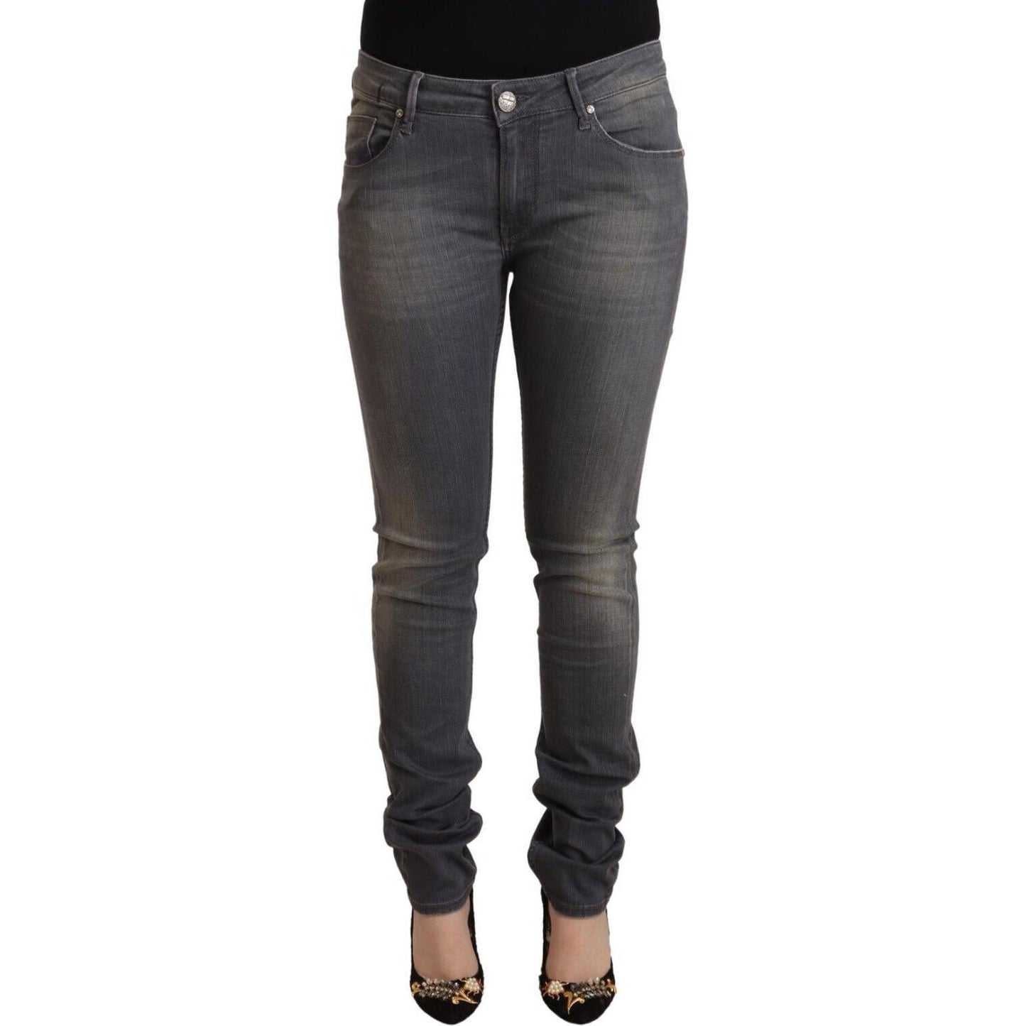 Elegant Dark Gray Skinny Jeans - Low Waist Zip Closure