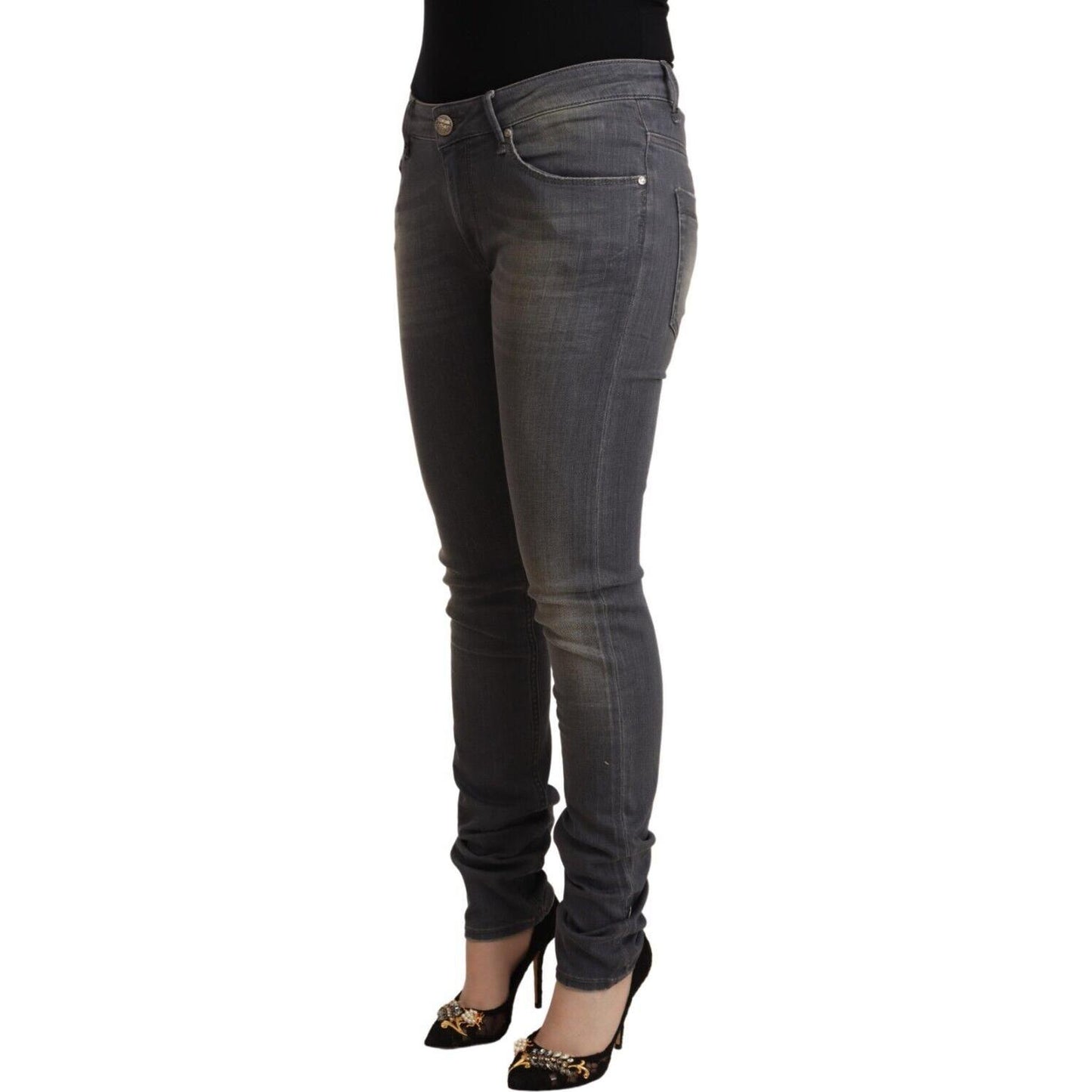 Elegant Dark Gray Skinny Jeans - Low Waist Zip Closure