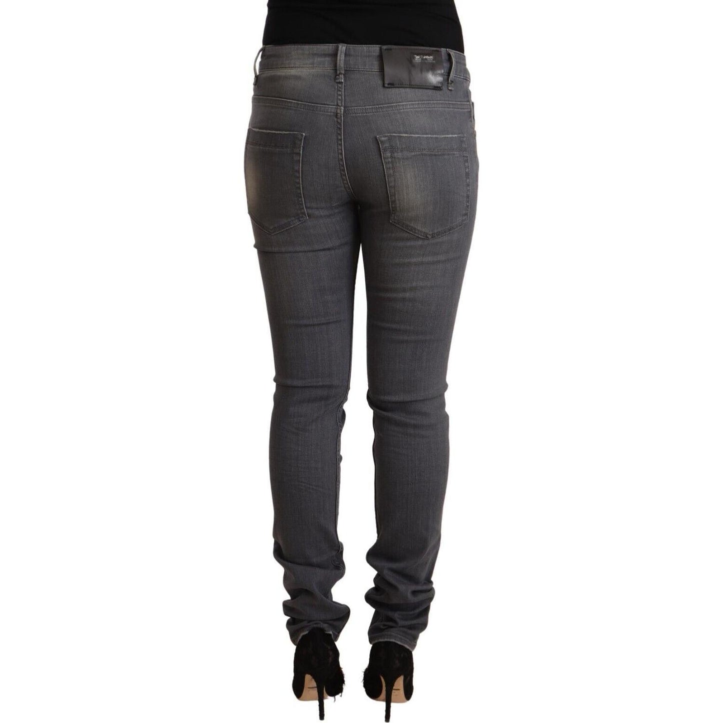 Elegant Dark Gray Skinny Jeans - Low Waist Zip Closure