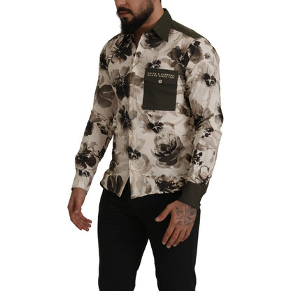 Dolce & Gabbana Green Beige Floral Cotton Stretch Exclusive Shirt