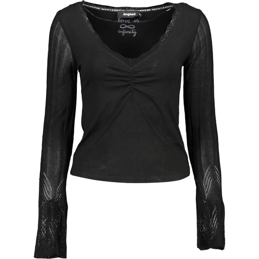 Desigual Chic V-Neck Lace Accent Black Shirt Desigual