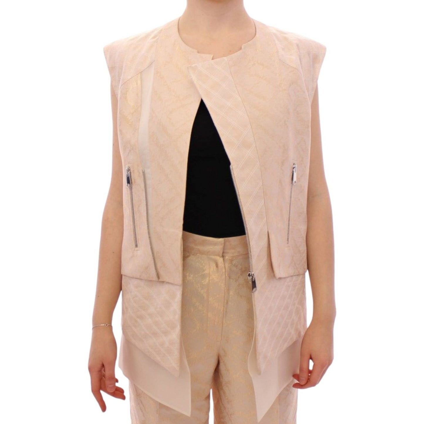 Zeyneptosun | Exquisite Beige Brocade Sleeveless Jacket Vest| McRichard Designer Brands   