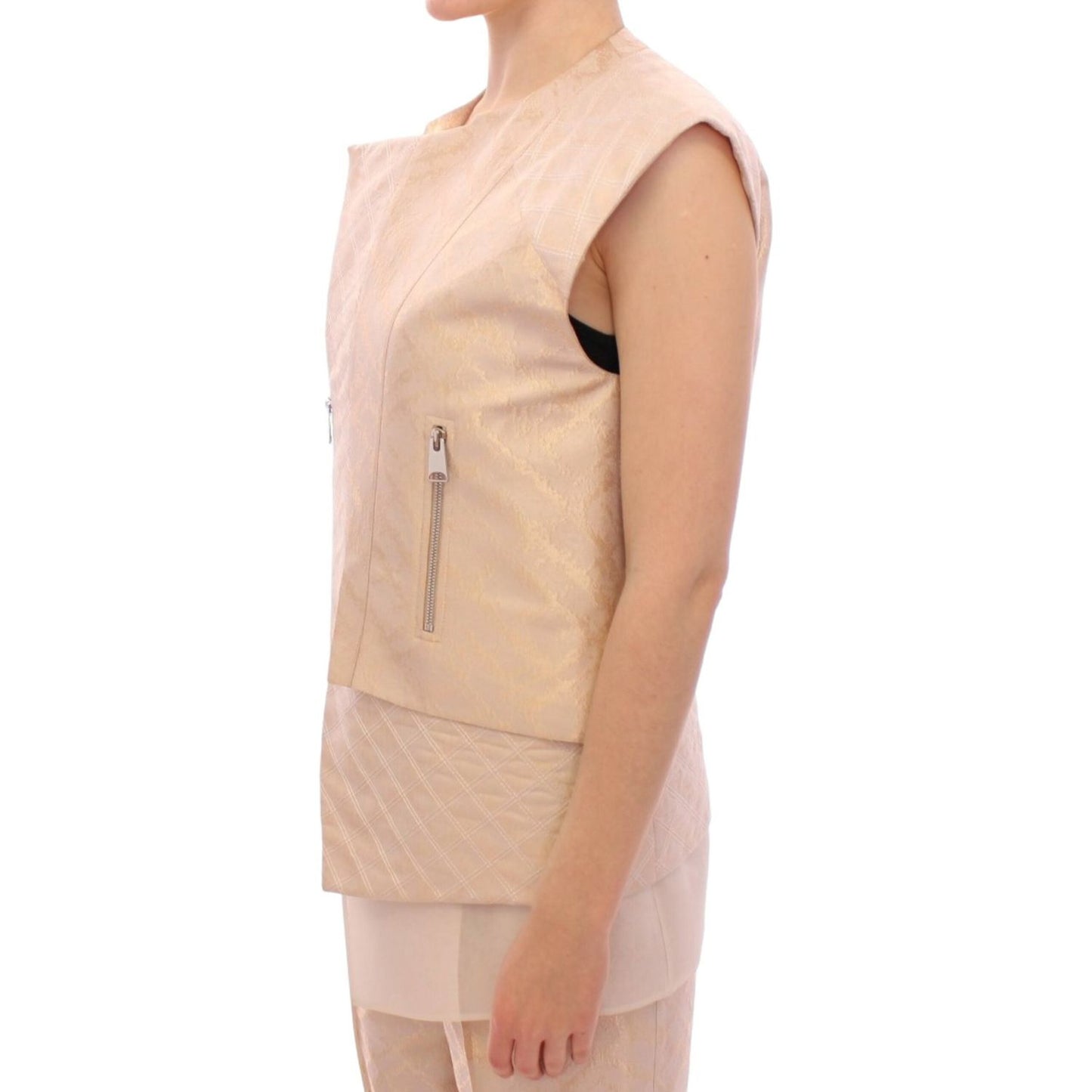 Zeyneptosun | Exquisite Beige Brocade Sleeveless Jacket Vest| McRichard Designer Brands   