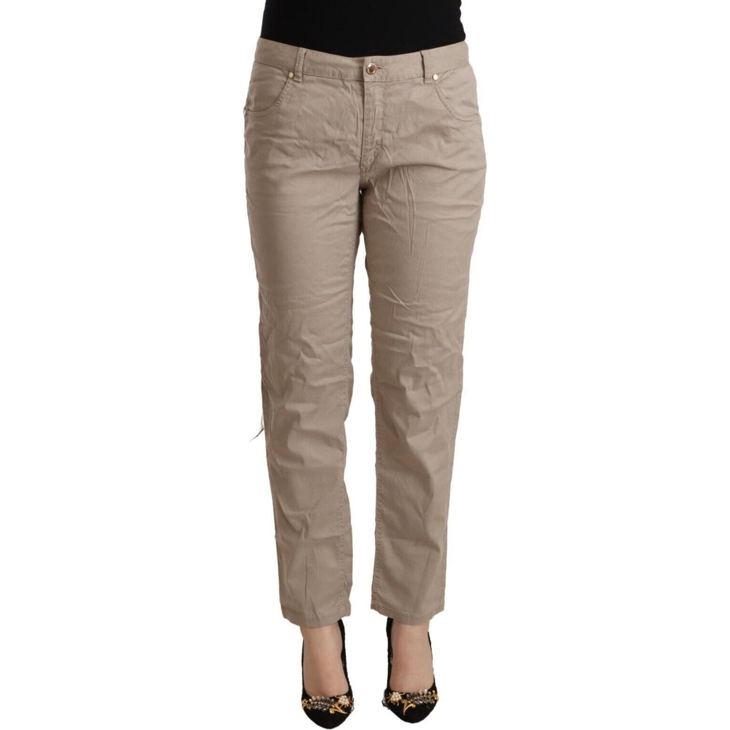 Beige Mid Waist Tapered Pants