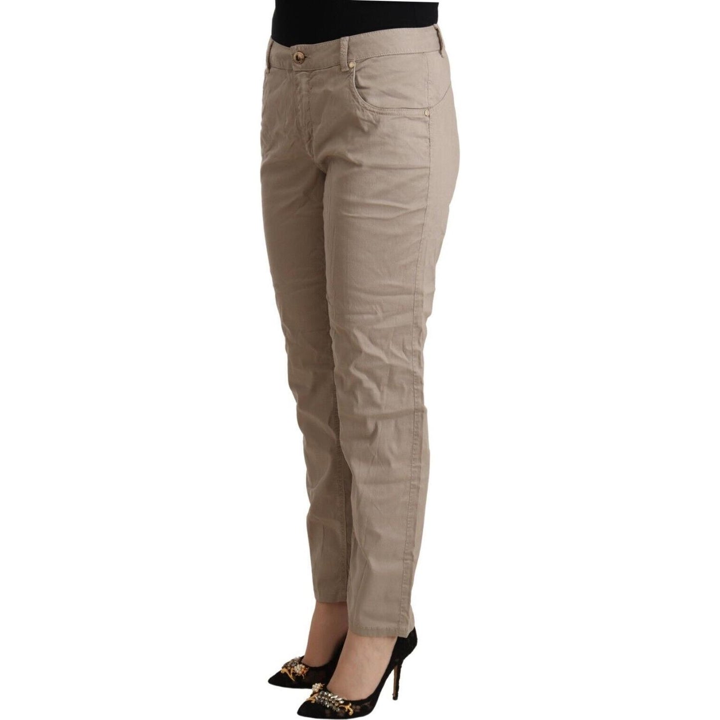 Beige Mid Waist Tapered Pants