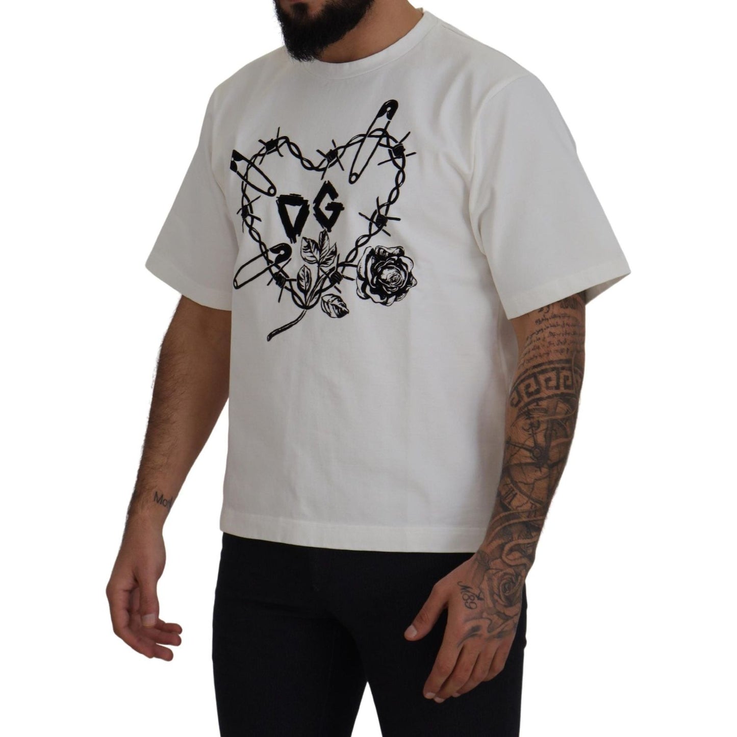 Elegant White Heart Roses Crewneck Tee