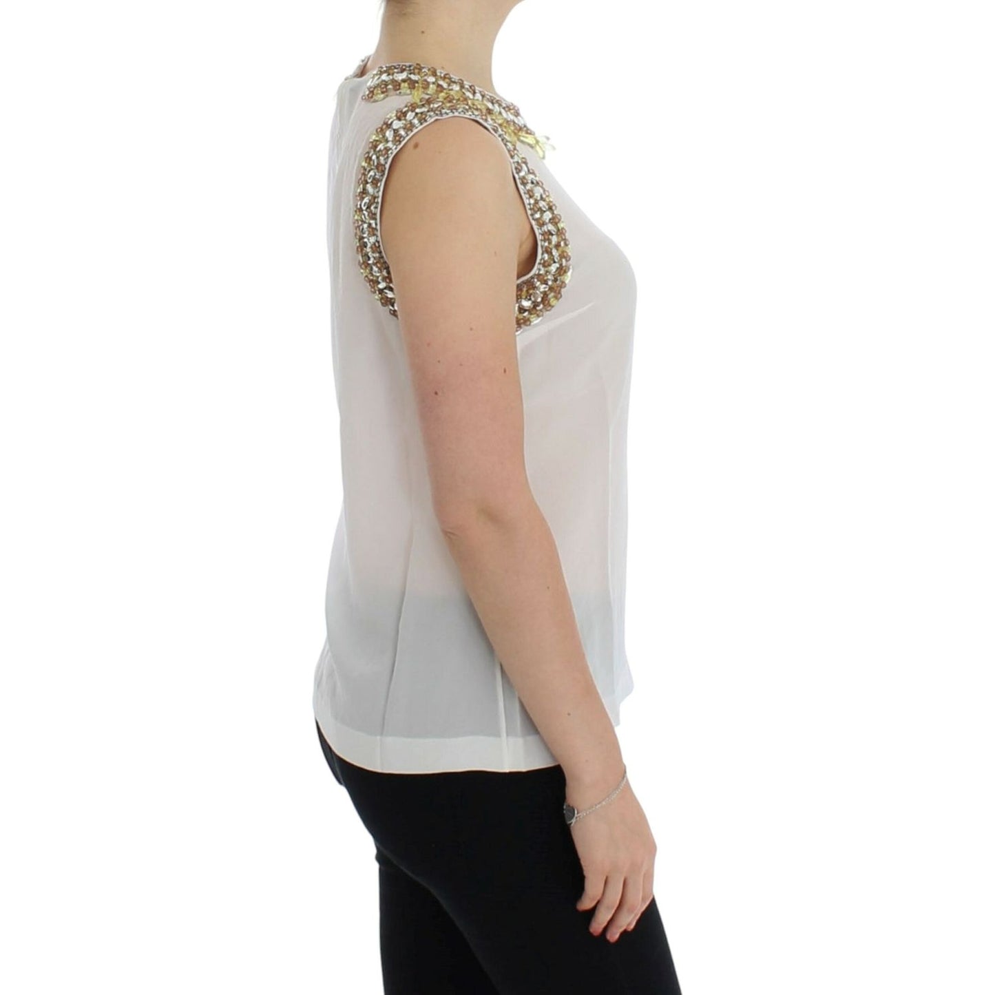 Dolce & Gabbana Elegant Sleeveless Silk Blouse with Crystal Embellishment white-crystal-embellished-tank-top