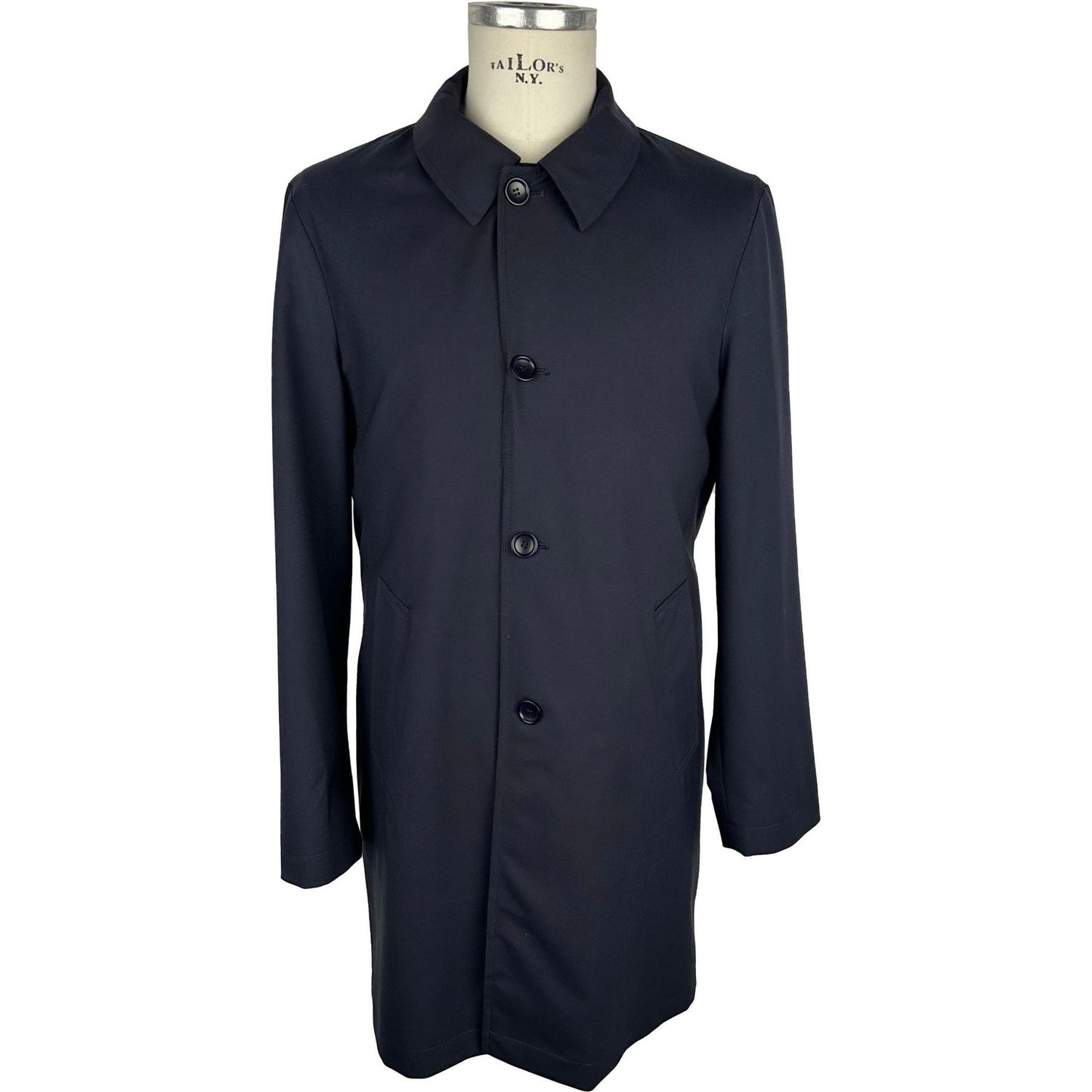 Elegant Blue Virgin Wool Trench Coat