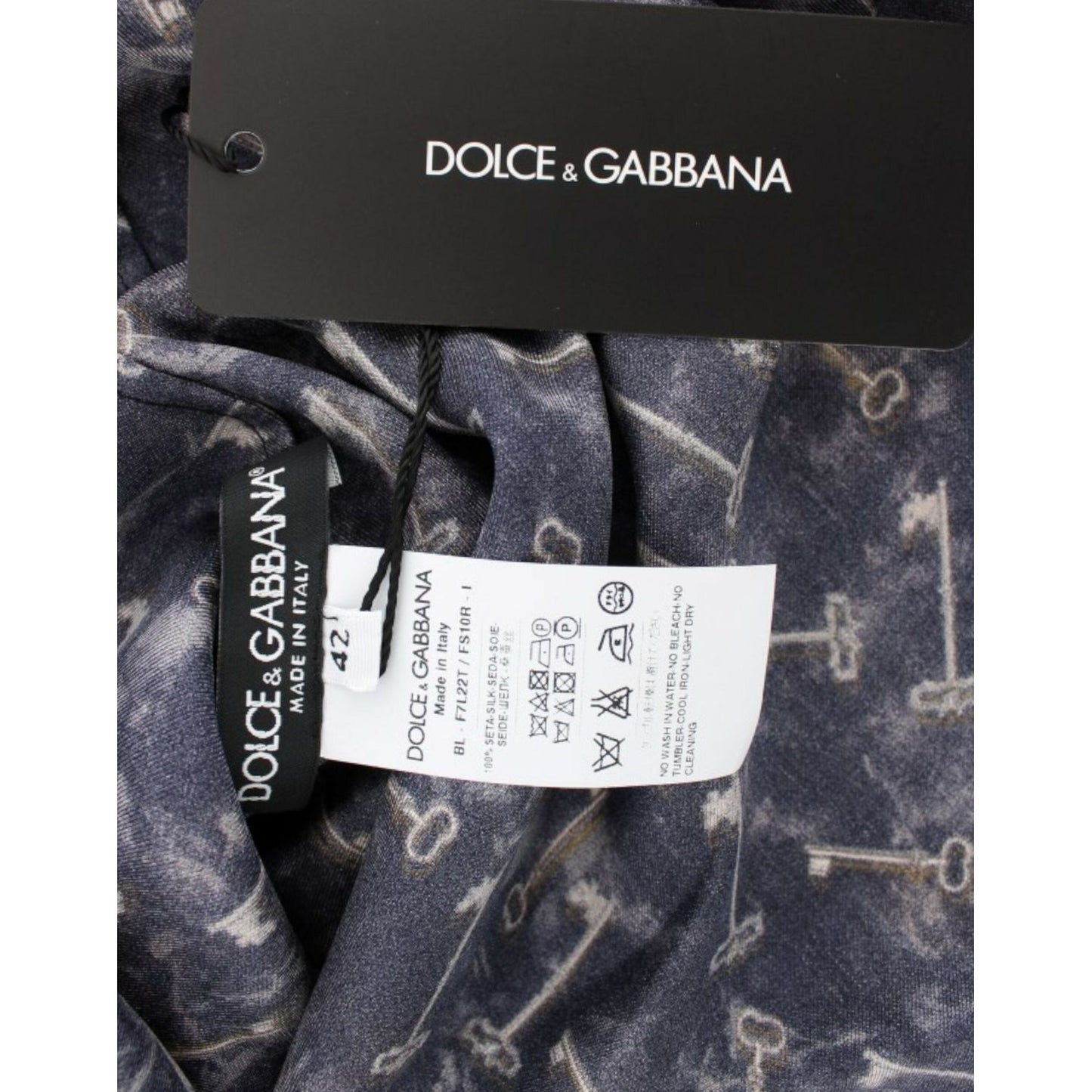 Dolce & Gabbana Enchanted Sicily Silk Blouse with Gold Keys Print blue-gold-key-print-silk-blouse