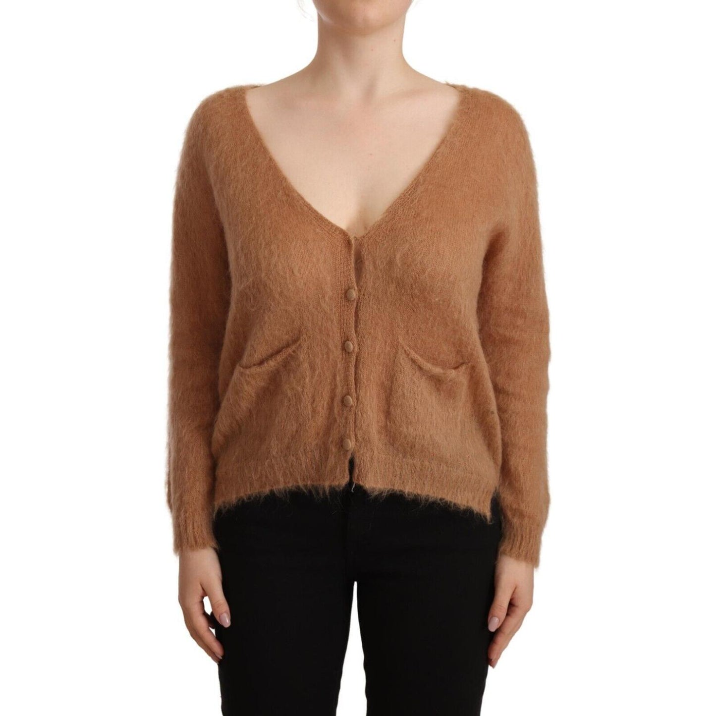 Chic Brown Knit Cardigan with Front Button Closure