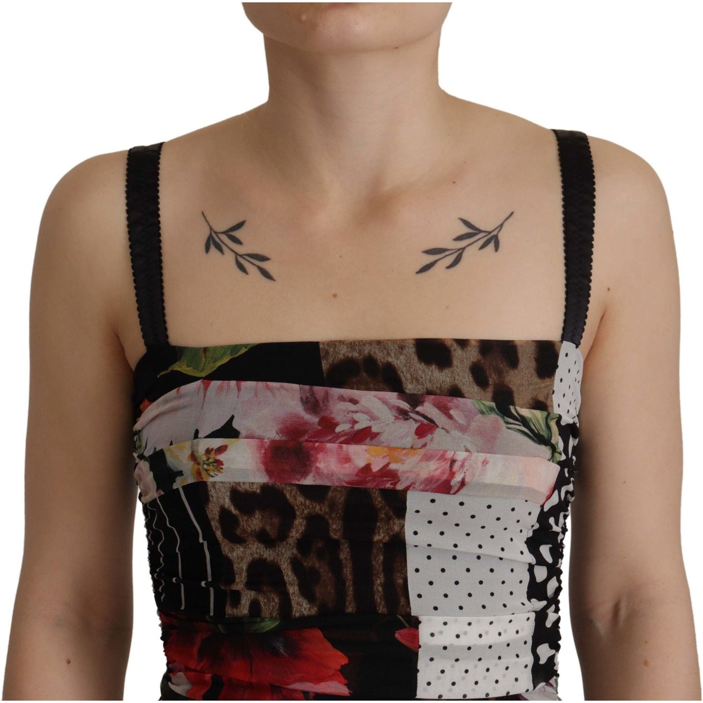 Dolce & Gabbana Multicolor Pachwork Midi Floral Silk Leopard Bodycon Dress
