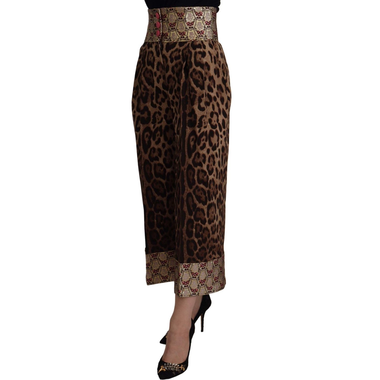 Dolce & Gabbana Brown Leopard Gold Jacquard High Waist Pants