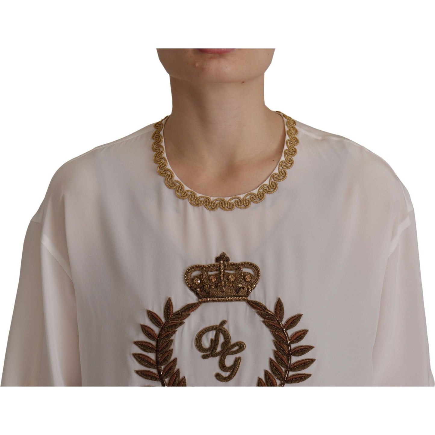 Elegant Silk Blouse with Gold Crown Embroidery