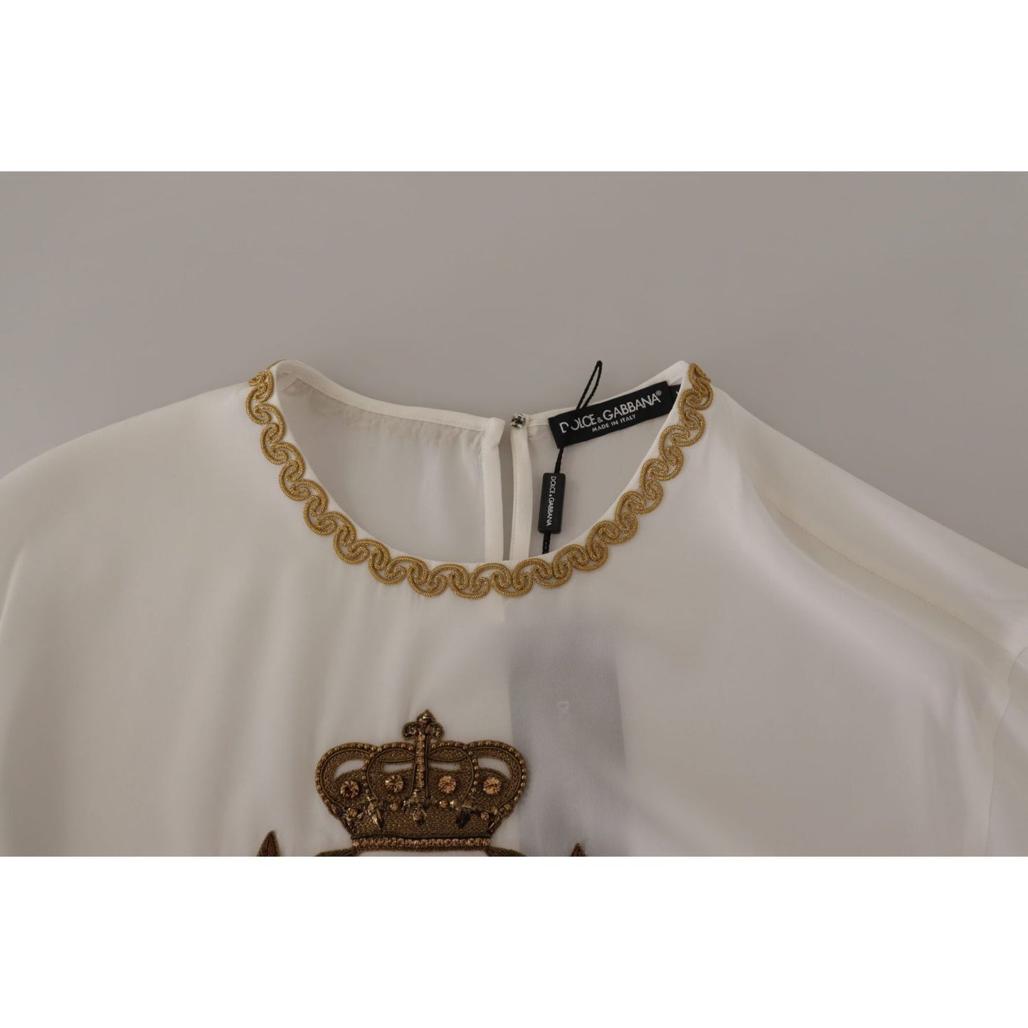 Elegant Silk Blouse with Gold Crown Embroidery