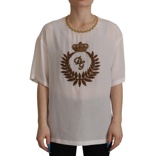 Elegant Silk Blouse with Gold Crown Embroidery