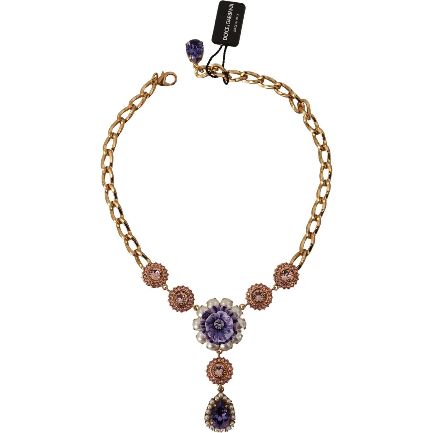 Dolce & Gabbana Gold Brass Crystal Purple Pink Pearl Pendants Necklace