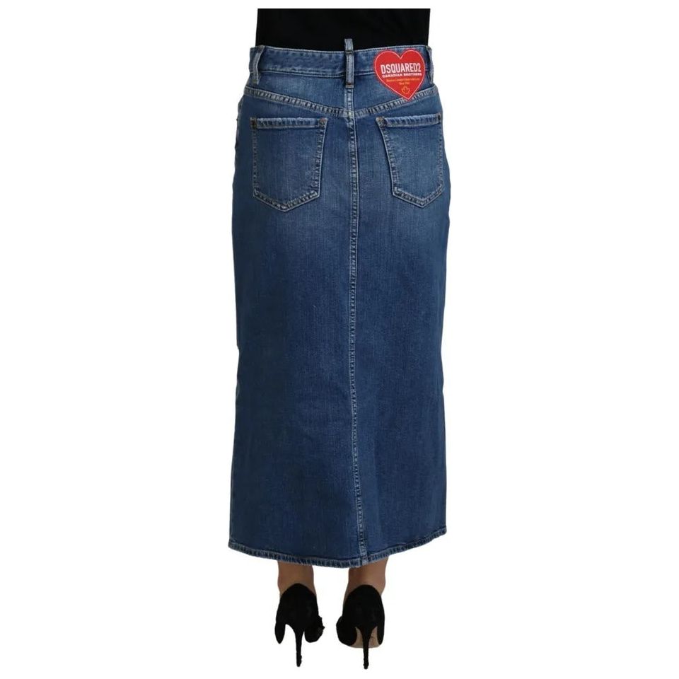 Dsquared² Blue Distressed High Waist Pencil Cut Denim Skirt blue-distressed-high-waist-pencil-cut-denim-skirt