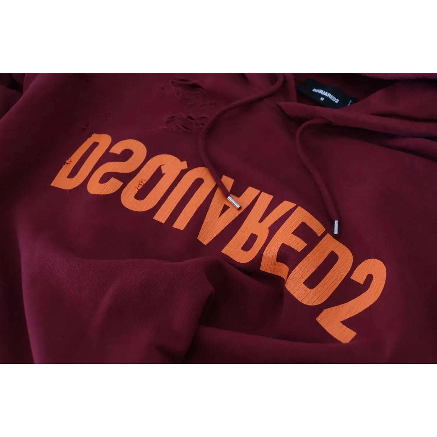 Dsquared² Maroon Cotton Tattered Hooded Printed Pullover Sweater maroon-cotton-tattered-hooded-printed-pullover-sweater